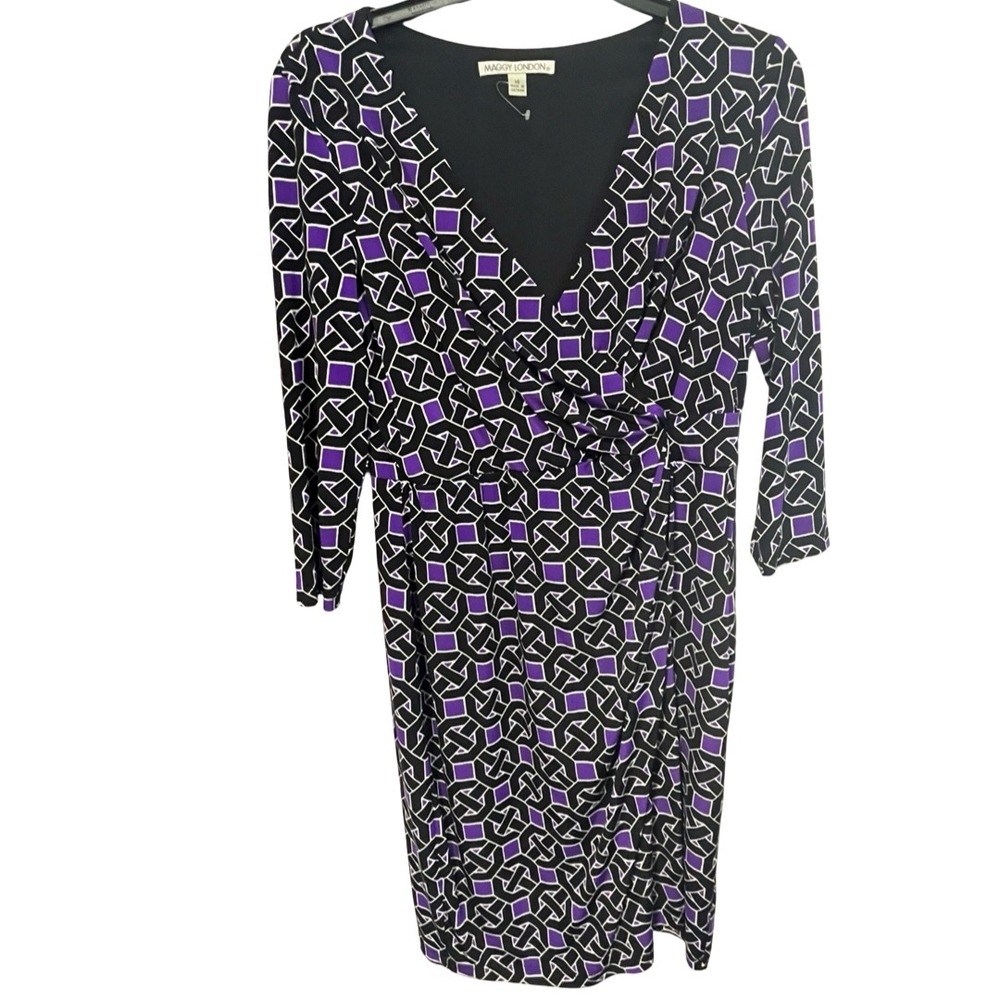 Maggy London Purple‎ Geometric Faux Wrap Dress V-Neck 3/4 Sleeve Sheath Size 14